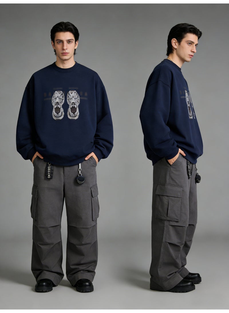 BM INS Navy Blue "Futuristic Sneaker" Graphic Oversized Crew Neck Sweatshirt | Unisex Streetwear Pullover With Letter Print - Image 4